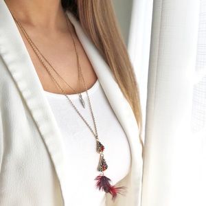 Express gold red feather layered necklace